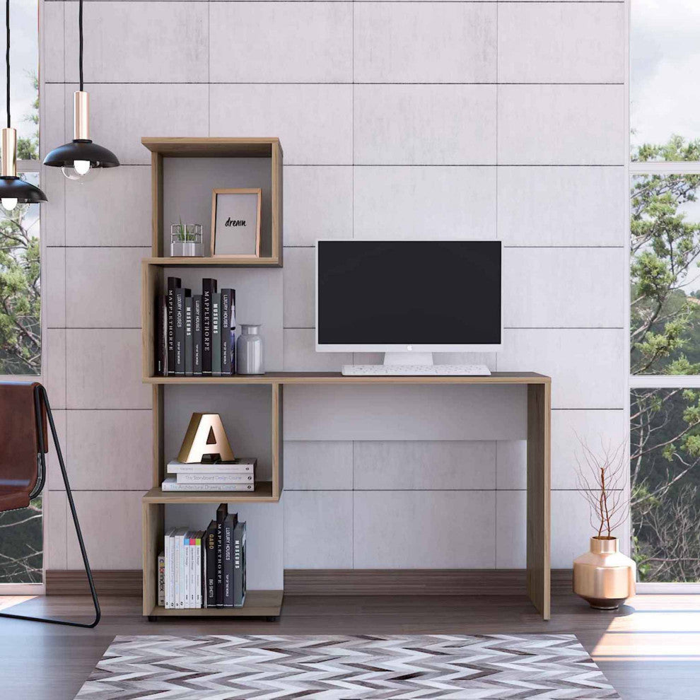 Lincoln Desk with Bookcase and 4 Storage Shelves, Light Oak/White