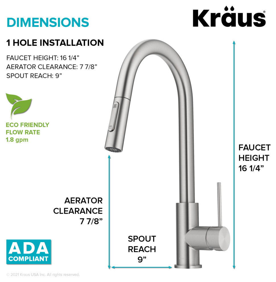 Oletto Pull-Down 1-Hole Kitchen Faucet, Spot Free Stainless Steel