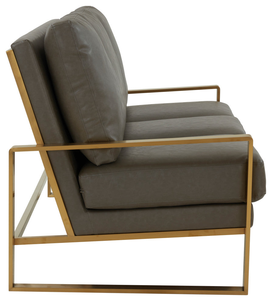 LeisureMod Jefferson Modern Design Faux Leather Sofa With Gold Frame, Gray