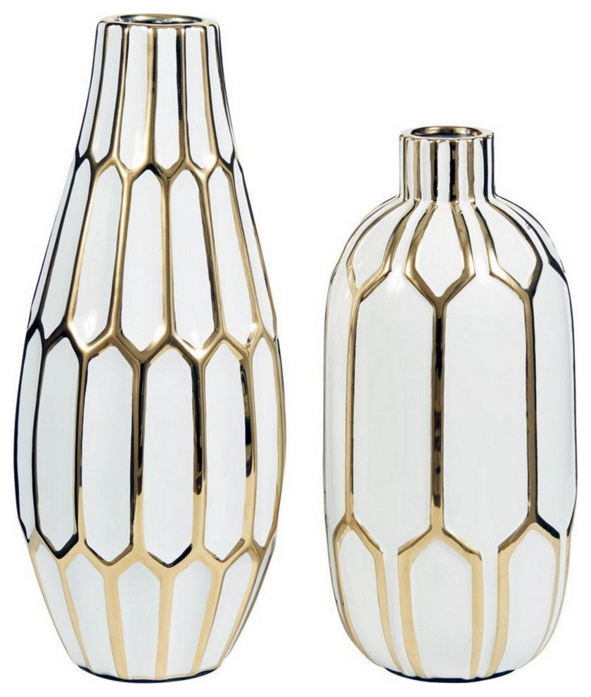 Benzara BM246946 Vase With Honeycomb Geometric Design, 2-Piece Set, White/Gold