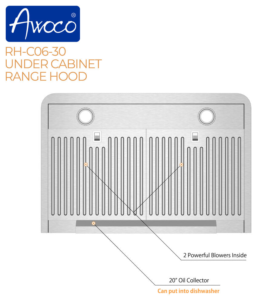 Awoco Classic Range Hood with Stainless Steel Cabinets, 30"
