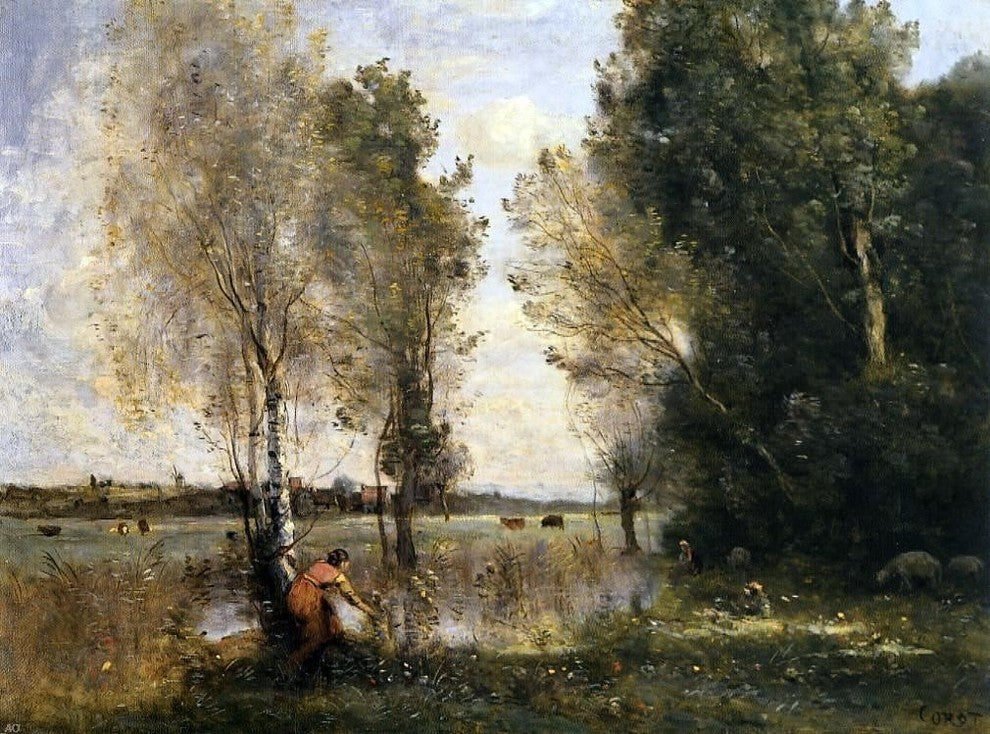 Jean-Baptiste-Camille Corot Woman Picking Flowers in a Pasture