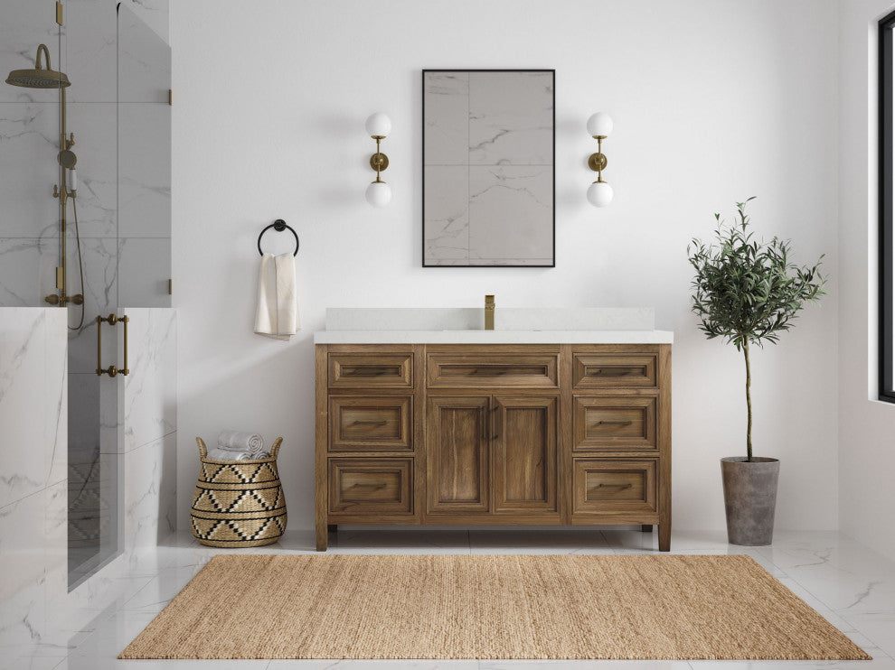 Santa Monica 60 Single Sink Bathroom Vanity in Graywashed Teak 2" Carrara Quartz