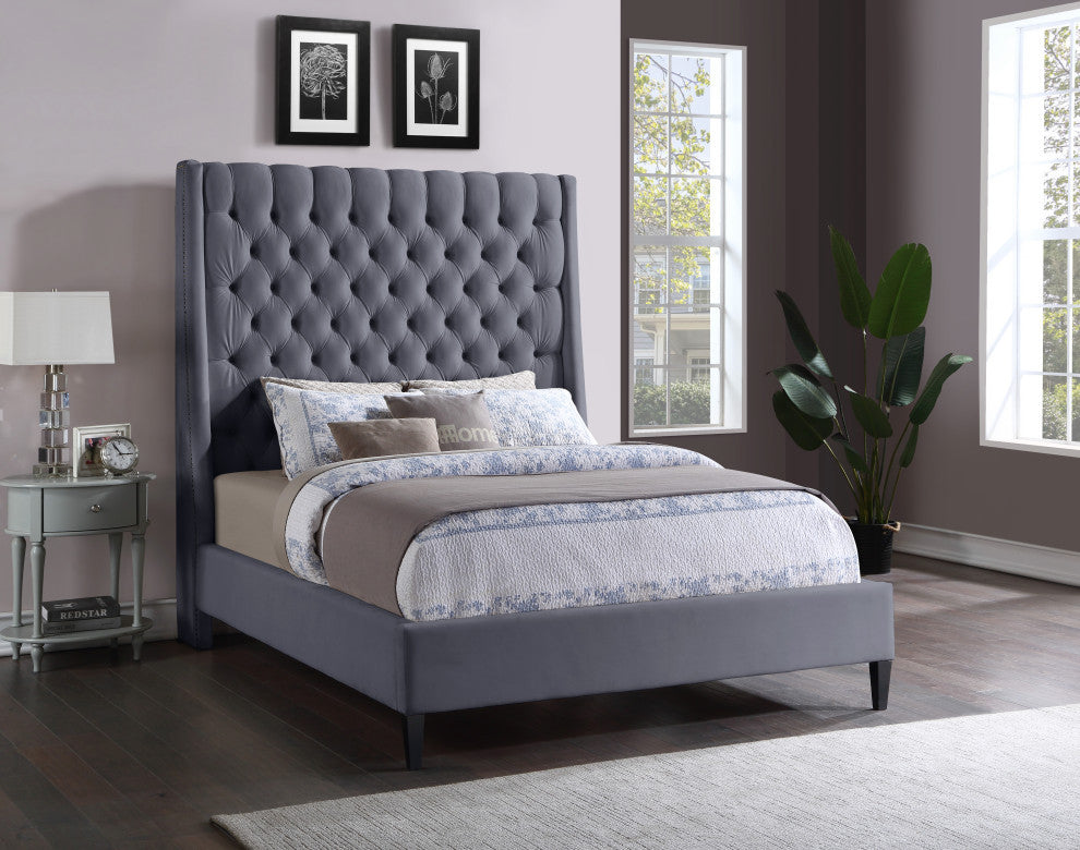 Fritz Velvet Upholstered Bed, Gray, Queen