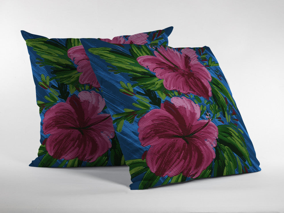20 Pink Blue Hibiscus Suede Decorative Throw Pillow