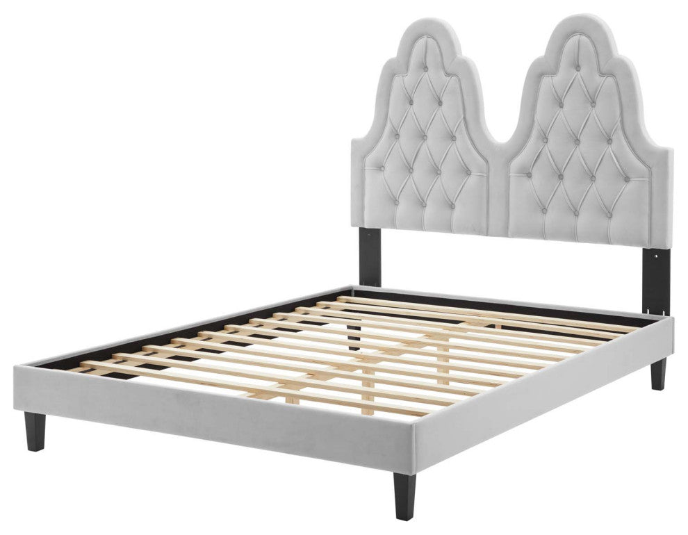 Tufted Platform Bed Frame, King Size, Velvet, Gray, Modern Contemporary