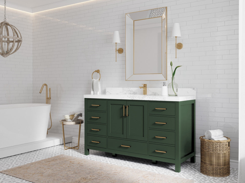Malibu 60 Single Sink Bathroom Vanity in Lafayette Green 2" Calacatta Sienna