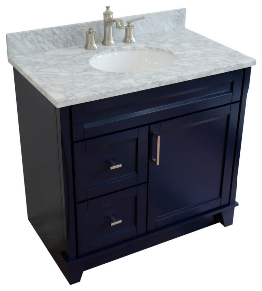 37" Single Sink Vanity, Blue Finish With White Carrara Marble