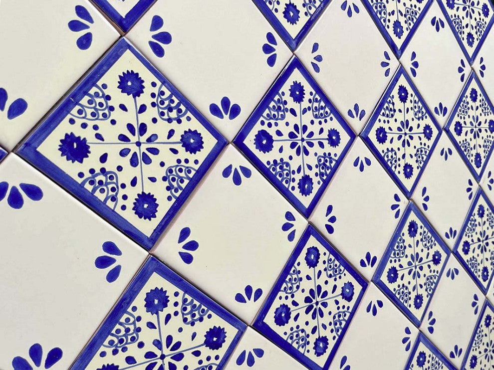 4.25"x4.25" Talavera Mexican Handmade Ceramic Tile, Blue Ville, Set of 9