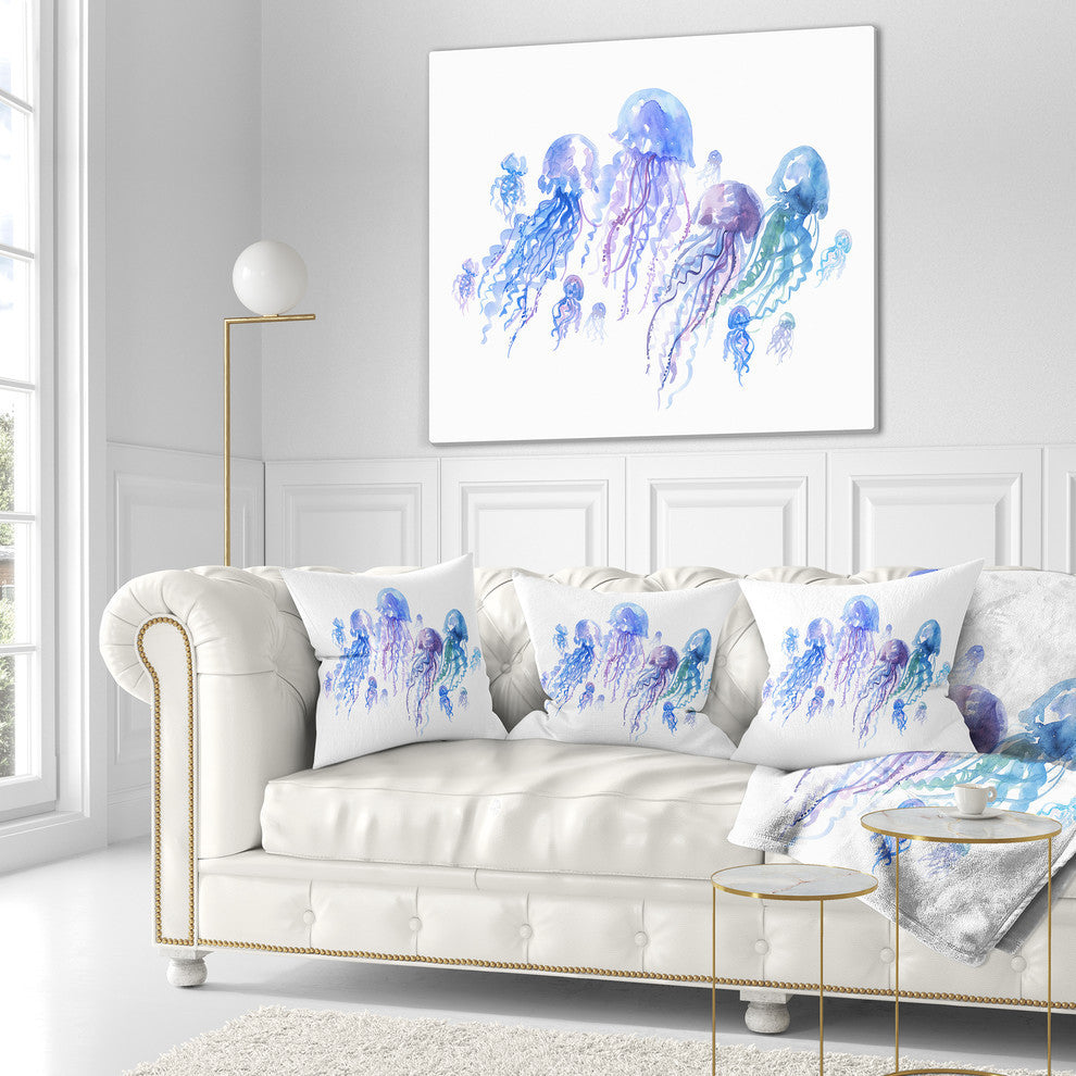 Blue Purple Jellyfish Group Abstract Throw Pillow, 16"x16"
