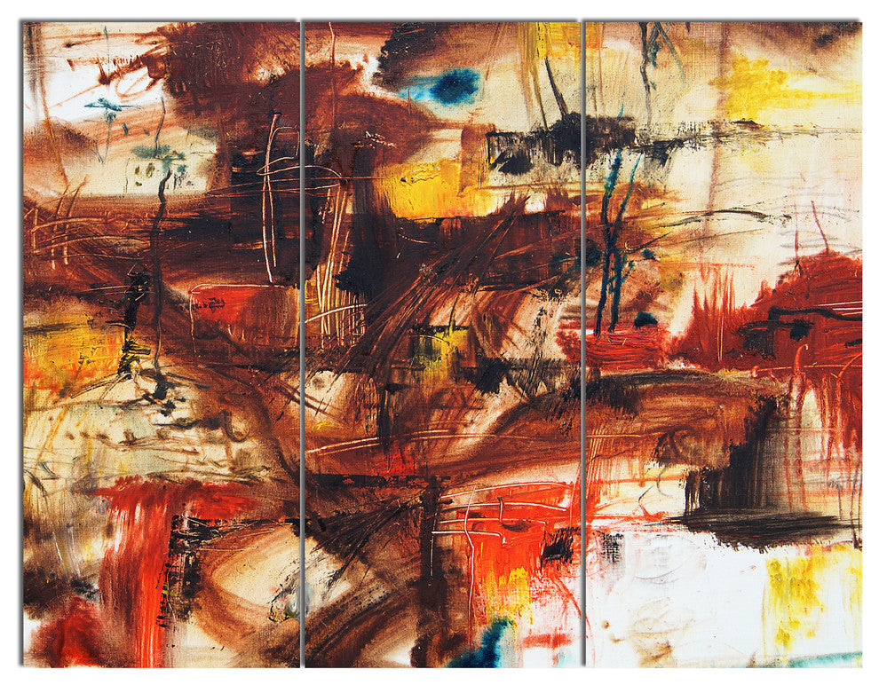 Watercolor Red and Yellow Spots, Abstract Canvas Artwork, 36x28, 3 Panels