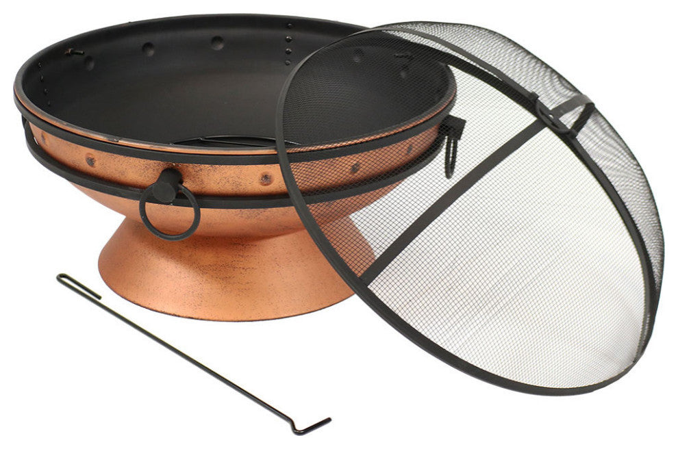 Sunnydaze Royal Cauldron Copper Fire Pit With Handles and Spark Screen, 30"