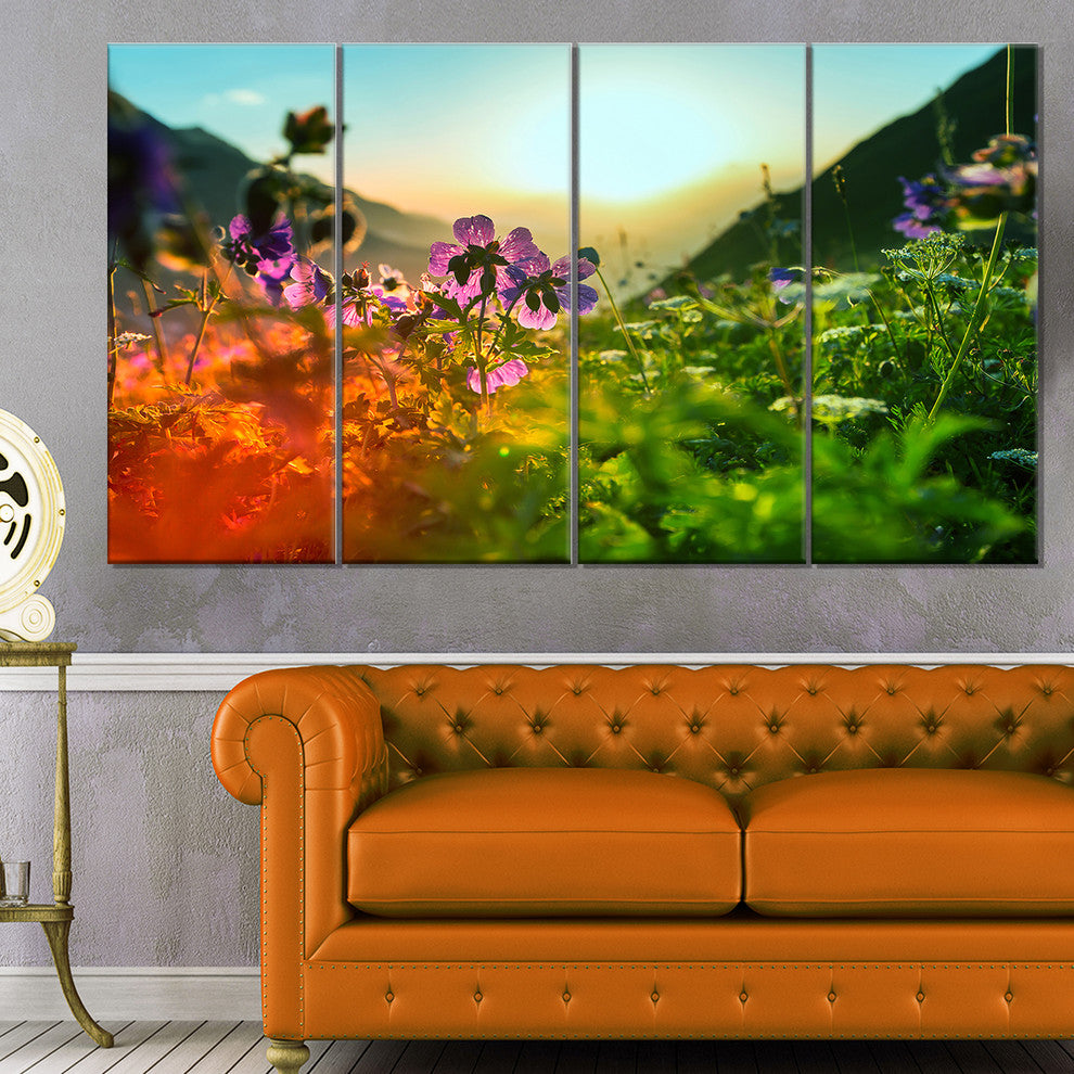 Multicolor Mountains Meadow View, Floral Canvas Art Print, 48"x28", 4 Panels