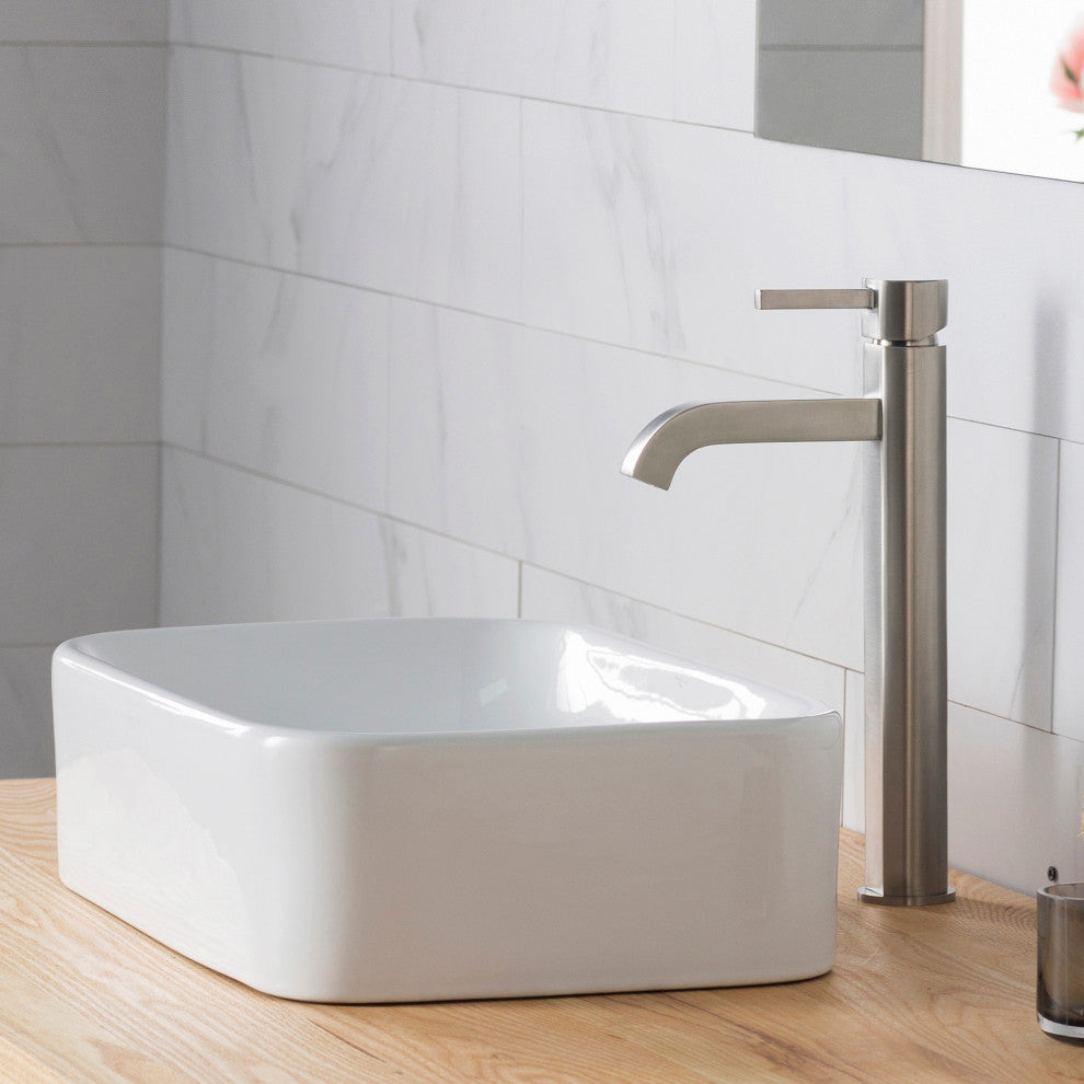 Elavo Rectangle Ceramic Vessel Sink, Bathroom Ramus Faucet, Drain, Nickel