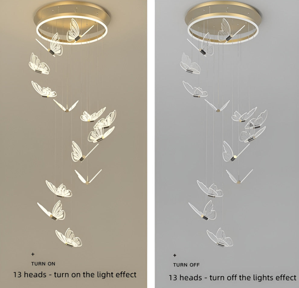 Camogli | Beautiful LED Chandelier with Hanging Butterflies, 13 Heads, Warm Light