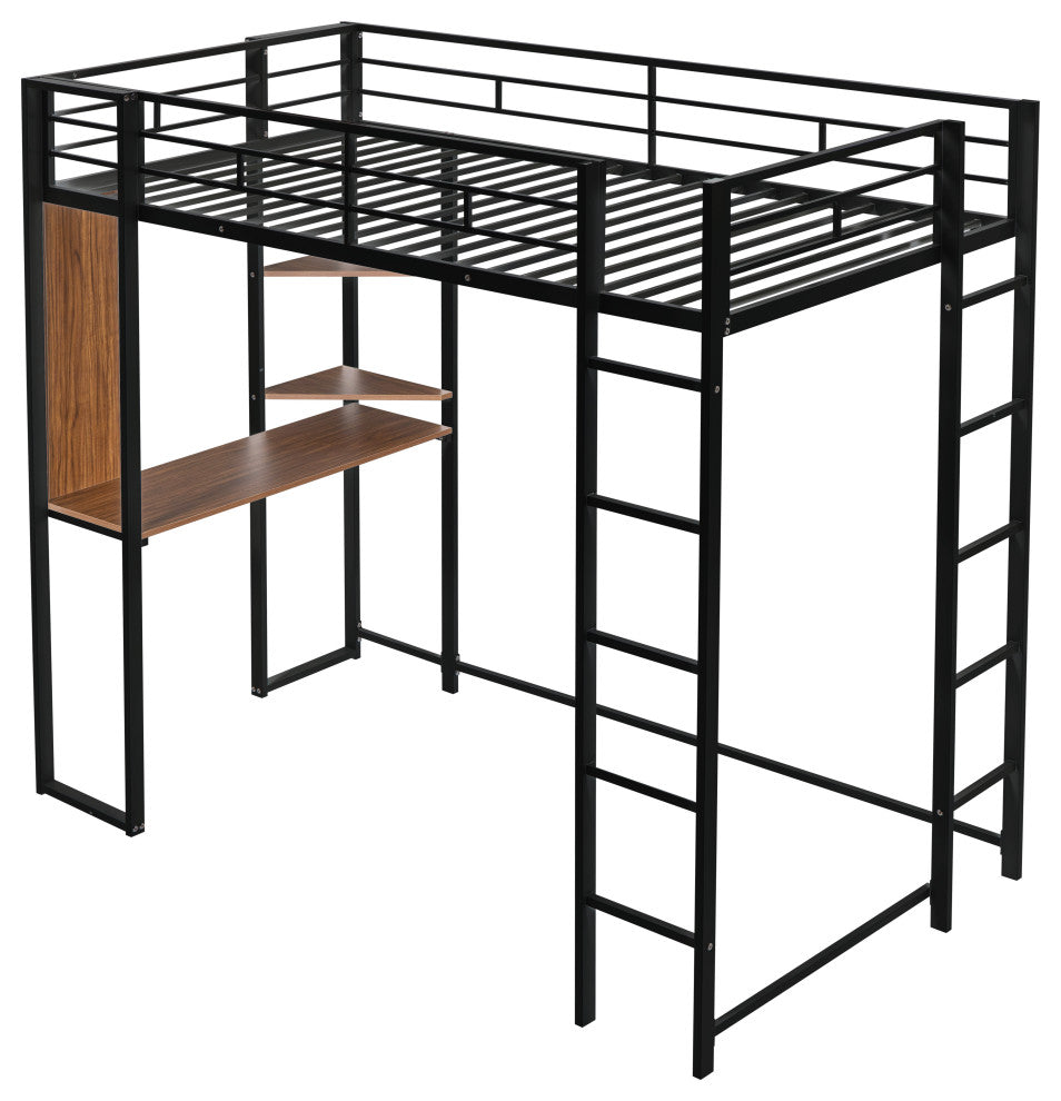 Gewnee Twin Metal Loft Bed with 2 Shelves and one Desk