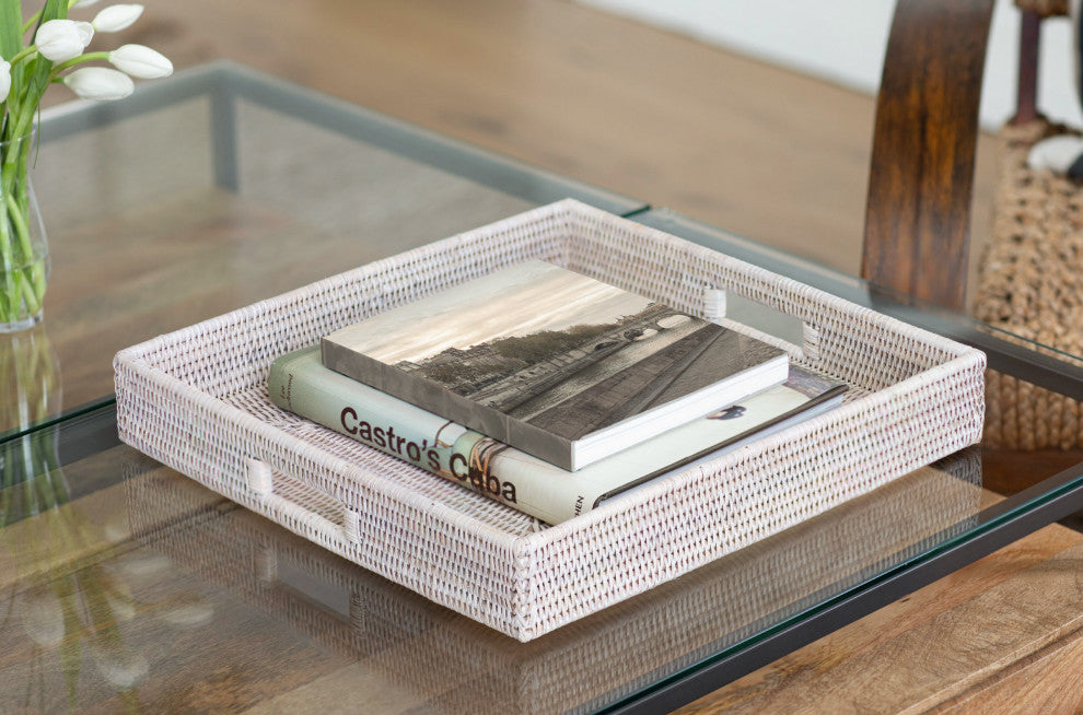Artifacts Rattan™ Square Ottoman Tray with Cutout Handles, White Wash, 18"x18"