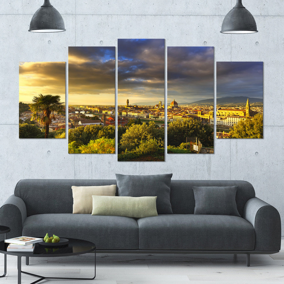 Florence Sunset Aerial View, Landscape Canvas Art Print, 60"x32", 5 Panels