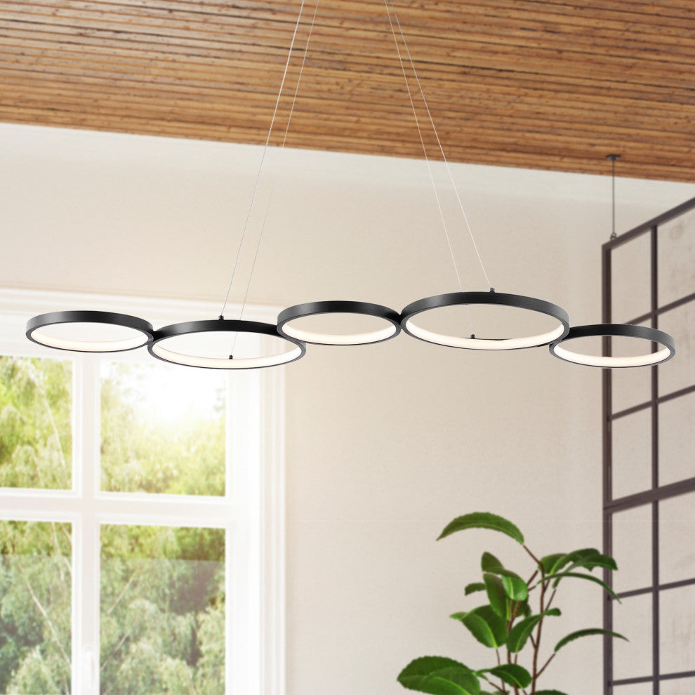 Roman 40.75" 5-Light Bohemian Coastal Iron Linear Integrated LED Pendant, Black