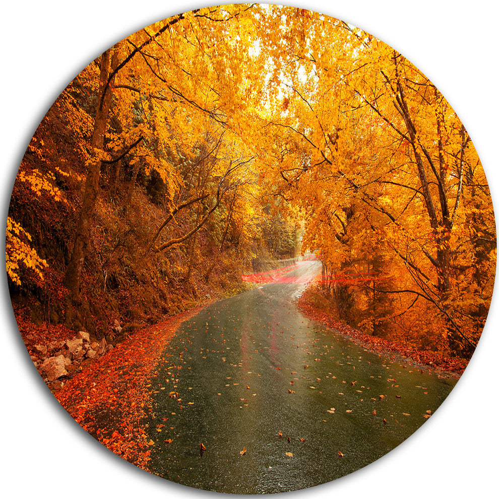 Autumn Light Trails On Road, Landscape Photo Round Wall Art, 11"