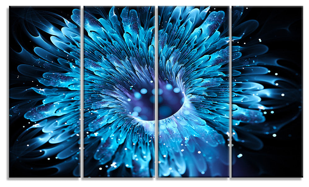 Blue Magical Wormhole Fractal, Large Abstract Canvas Wall Art, 48"x28", 4 Panels