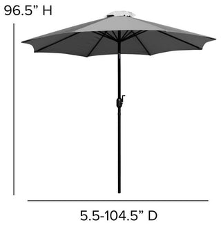 Lark 7 Pc Patio Set -4 Stacking Chairs, 30" x 48" Table & Umbrella with Base, Gr