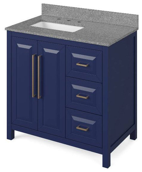 Cade Transitional 36" Hale Blue Left Offset Sink Vanity, Steel Grey Cultured Mar