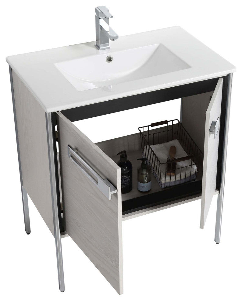 Oakville Bath Vanity, Ceramic Sink, Mild Grey Oak, 30 Inch, Chrome Hardware