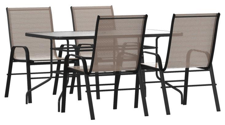 Brazos 5 Pc Outdoor Dining Set - 55" Tempered Glass Patio Table, 4 Stack Chairs,
