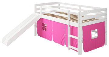 White Wooden Pink Tent Low Loft Bed With Slide