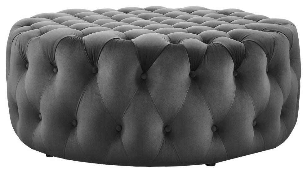 Round Ottoman Accent Tufted Chair, Gray, Velvet, Modern, Cafe Hospitality