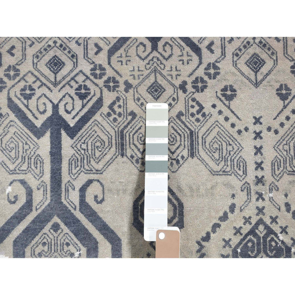 Gray, Broken and Erased Design, Art Wool and Silk Hand Knotted Rug, 8'x9'10"