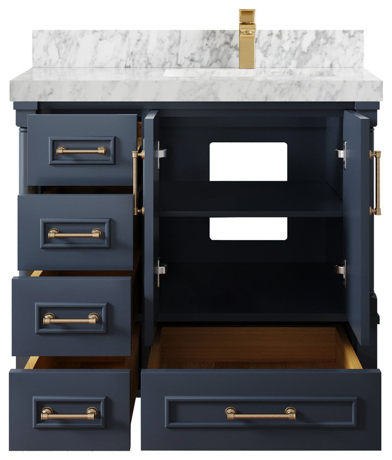 Aberdeen 36 Right Offset Bath Vanity in Hale Navy Blue  2" Carrara Marble
