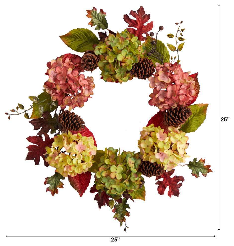 25" Autumn Hydrangea and Pinecones Fall Artificial Wreath