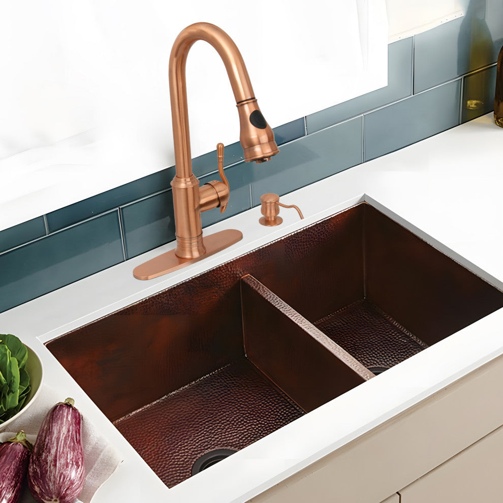 Copper Pull Down Kitchen Faucet With Soap Dispenser and Deck Plate, All, One