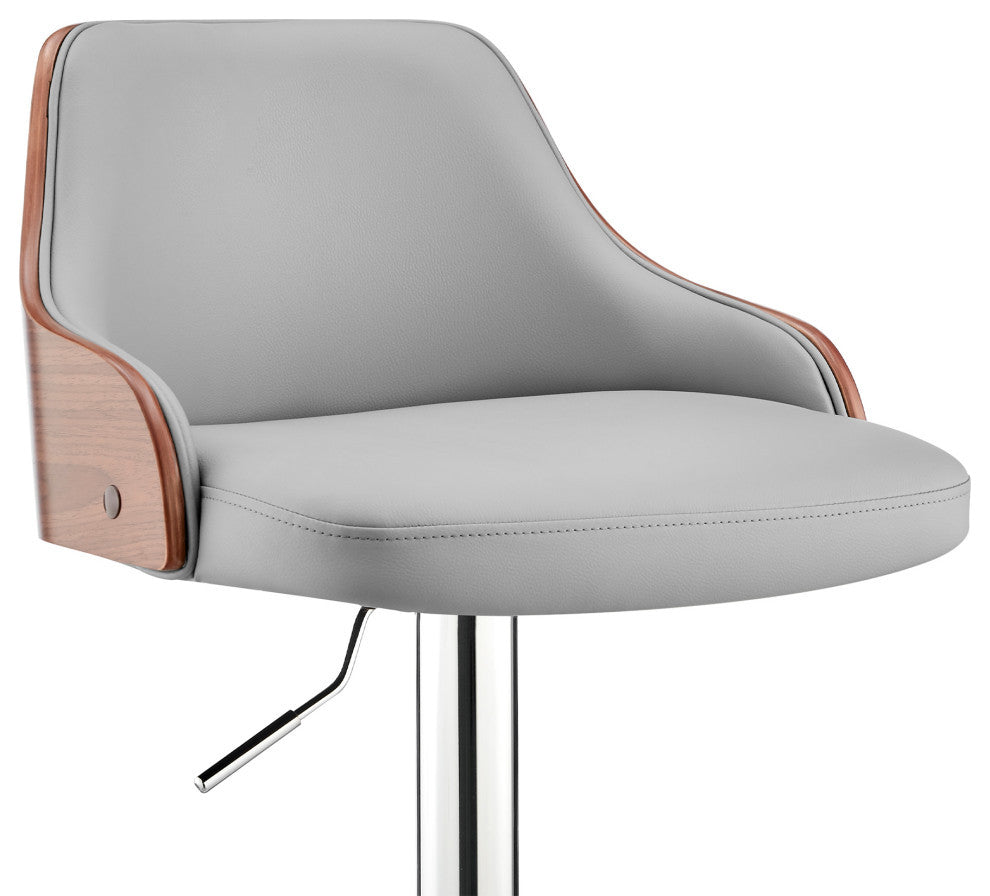 Asher Adjustable Faux Leather and Metal Bar Stool, Gray and Chrome