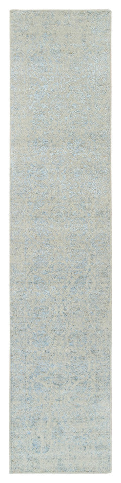 Gray, Tabriz Design, Wool and Silk Jacquard Hand Loomed Runner Rug, 2'7"x12'0"