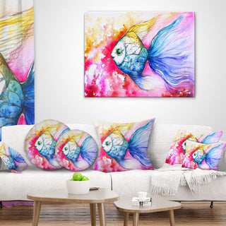 Blue Fish On Red Background Animal Throw Pillow, 18"x18"