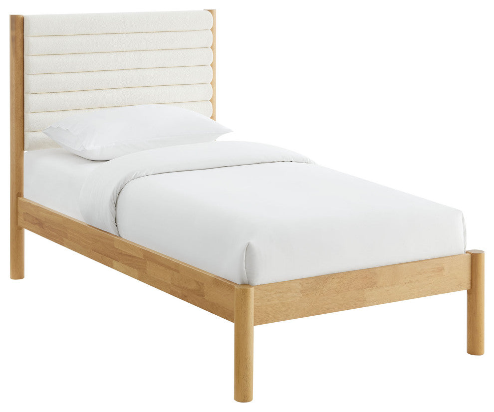 Olea Channel Tufted Boucle Solid Wood Twin Platform Bed, Feather Oak
