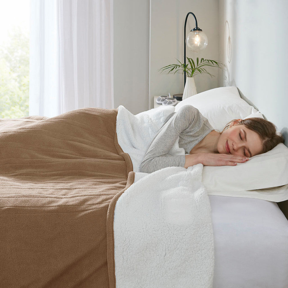 Serta Fleece to Sherpa Heated Fleece and Sherpa Bedding Blanket, Brown