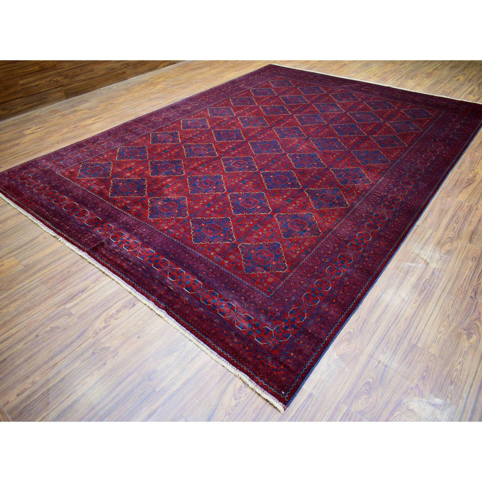 Deep and Saturated Red Hand Knotted Afghan Khamyab Velvety Wool Rug, 9'8"x13'1"