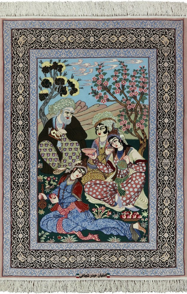 Pictorial Scene Persian Hand Knotted Wool and Silk Signed Isfahan Rug, 4x5
