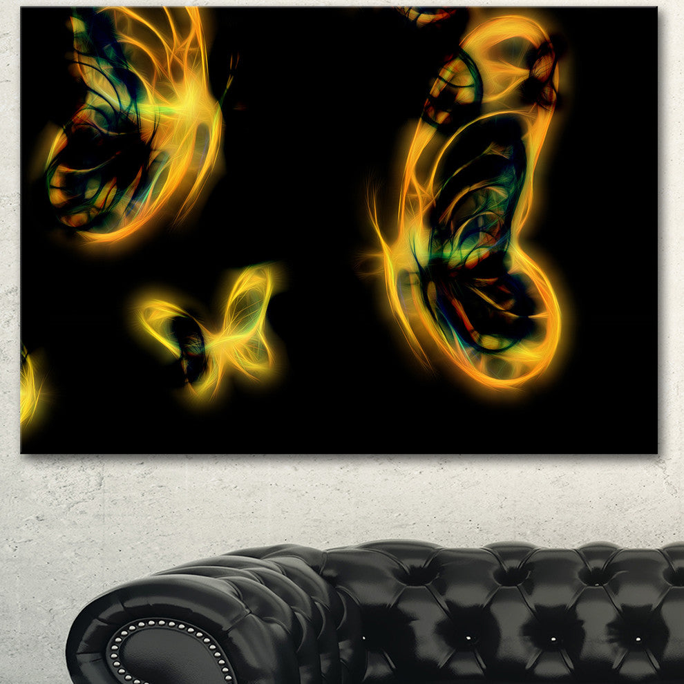 Yellow Fractal Butterflies on Black, Floral Canvas Art Print, 40"x30"
