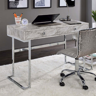 White Printed Faux Marble Writing Desk, Chrome Finish
