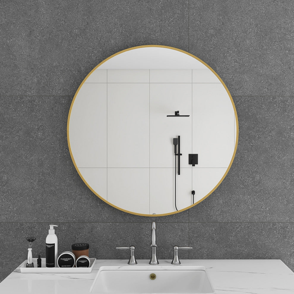 1.57" Wx31.5" H Round Framed Wall Mounted Bathroom Vanity Mirror, Brushed Gold