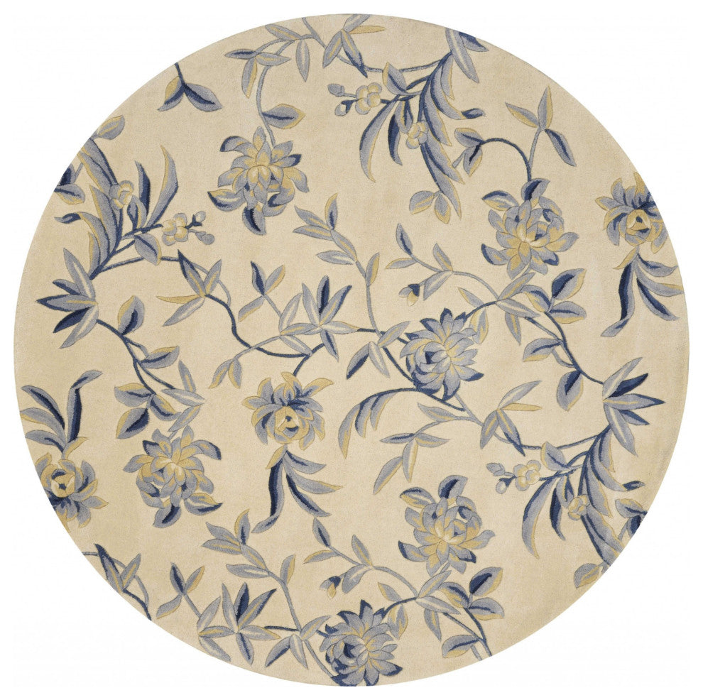 5' Round Wool Ivory or Blue Area Rug