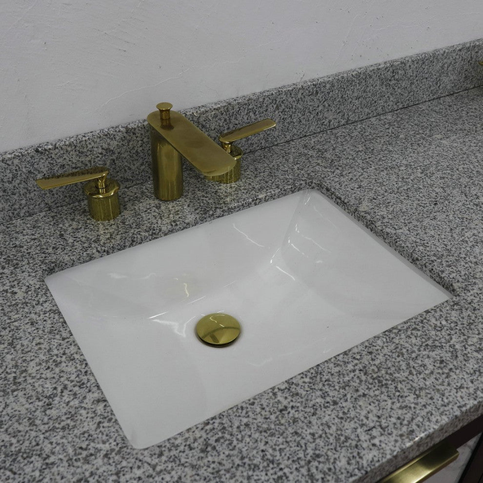 61" Double Sink Vanity, Black Finish With Gray Granite And Rectangle Sink