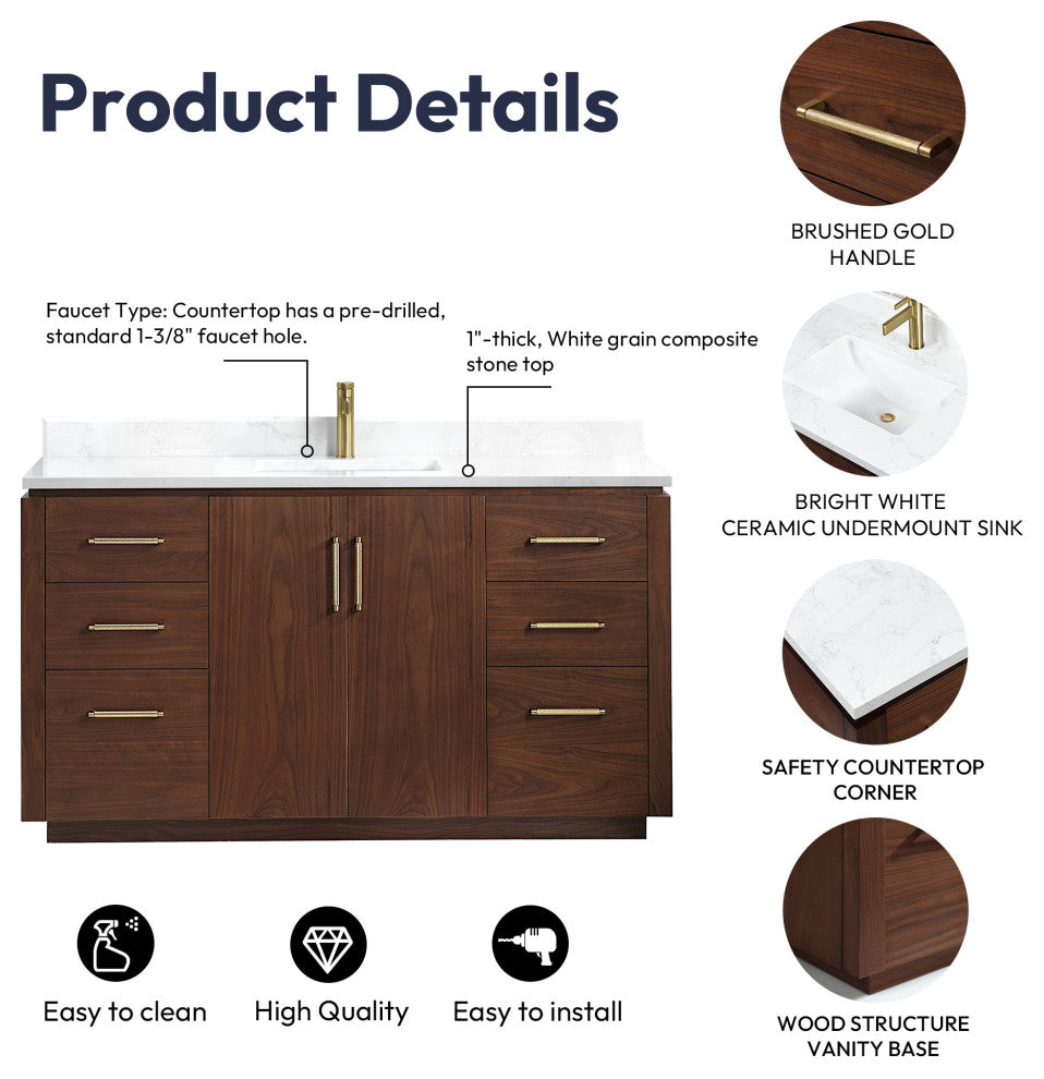 San Bath Vanity with Stone Top, Natural Walnut, 60" Single Sink, Single Vanity, No Mirror