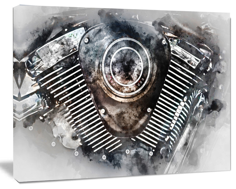 Motorcycle Engine Watercolor, Contemporary Canvas Art Print, 60"x28"