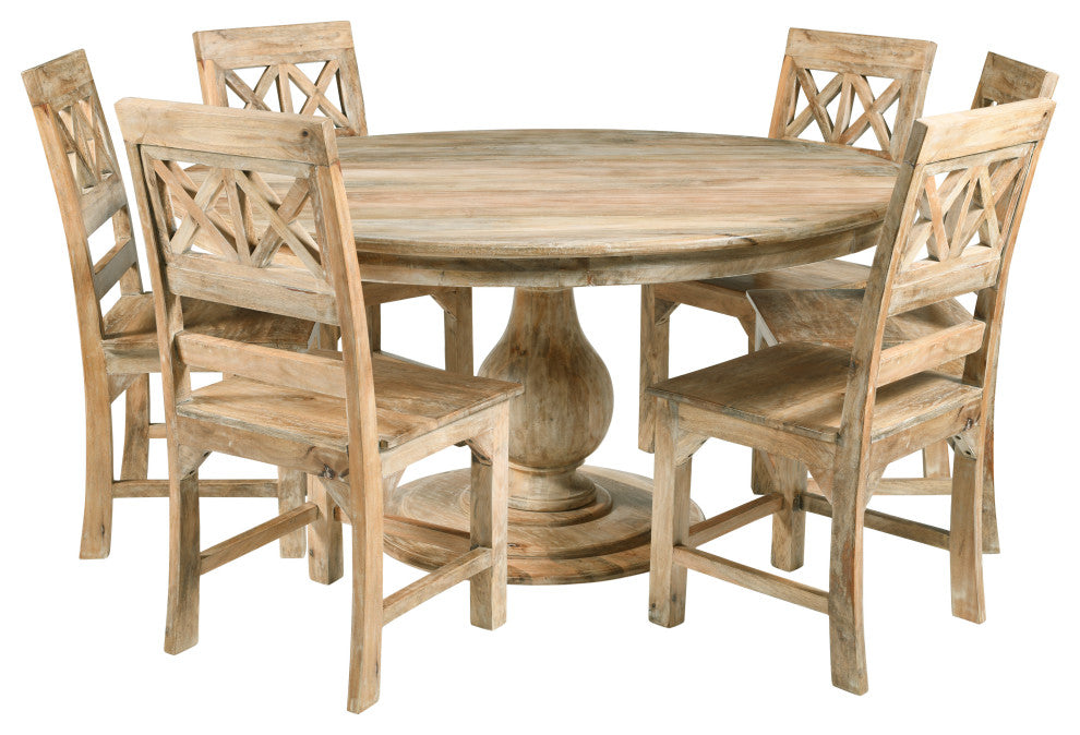 Jenna Coastal Pedestal Dining Table Natural Finish, Natural Solid Mango Wood